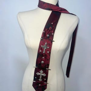 Remake Vampire Goth Cross Tie, Burgundy Jacquard Spiked Collar, Double Crucifix Neckwear, Handmade Alt Gift Necktie, Cyberpunk Spike Choker