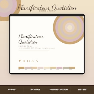 Peut inclure: Un planificateur quotidien numérique intitulé Planificateur Quotidien Édition TDAH pour l'année scolaire 2026-2027. L'interface présente un fond blanc avec des cercles concentriques beige, mauve et crème, des icônes de navigation et une palette.