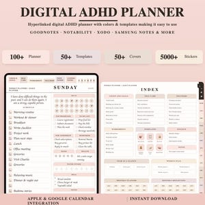 Peut inclure: Un planificateur numérique TDAH affiché sur deux écrans, présentant un emploi du temps quotidien du dimanche et une page d'index. L'interface comprend des sections pour la vision, les soins personnels, les suivis et les feuilles de travail.