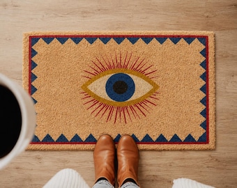 Boho Evil Eye Coir Doormat, Mystical Home Protection