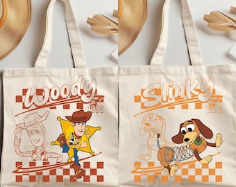 Retro Disneyland Pixar Toy Story All Characters Checkered Signature Tote Bag, Woody, Buzz, Jessie, Bo Peep, Personalized Group Matching