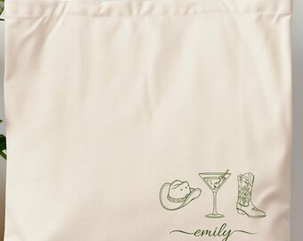 Western Cowgirl Bachelorette Tote Bags, Custom Bridal Shower Gift, Personalized Name Howdy Tote, Nashville Martini Favors, Cowboy Hat Boots