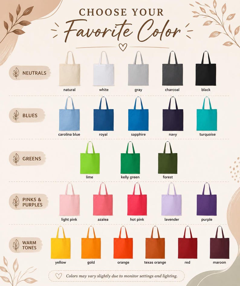 Pu&ograve; includere: Una tabella colori che mostra venticinque borse tote in varie tonalit&agrave;, organizzate per categorie etichettate come Neutrals, Blues, Greens, Pinks & Purples e Warm Tones. Il testo recita Choose Your Favorite Color e Colors may vary slightly.