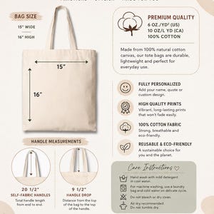 Pu&ograve; includere: Una borsa tote in tela di cotone beige che misura 38,1 cm di larghezza per 40,6 cm di altezza. La borsa presenta manici in tessuto con una lunghezza totale di 52,1 cm e un'altezza di 24,1 cm. Il grafico include dettagli sulle dimensioni.