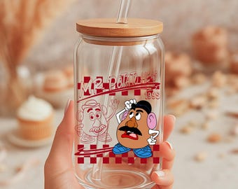 Retro Disneyland Pixar Toy Story All Characters Checkered Signature Glass Cup, Woody, Buzz, Jessie, Bo Peep, Personalized Group Matching