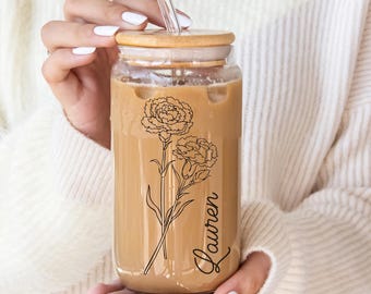 Personalized Iced Coffee Cup, 16oz Glass Cup, Custom Birth Flower Tumbler with Lid and Straw, Bridesmaid Gift, Bridesmaid Proposal