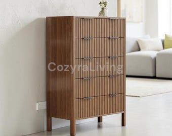 Fluted Walnut Dresser, 5 Drawer Mid Century Modern Chest Storage Cabinet