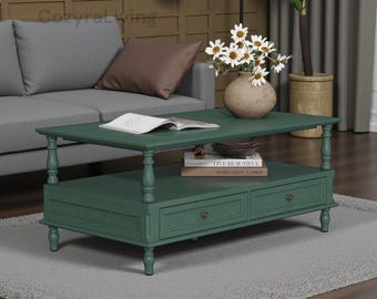 Green Wooden Coffee Table with Storage Drawers, Retro Farmhouse Living Room Center Table
