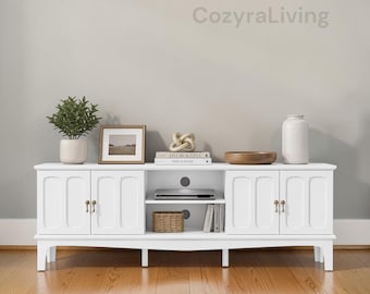 Farmhouse Media Console Table, White Entertainment Center, Storage Cabinets, Open Shelves