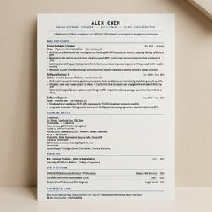 May include: A professional resume document for Alex Chen, a Senior Software Engineer. The page features sections for work experience, technical skills, education, certifications, and portfolio links, all printed in black text on a white background.