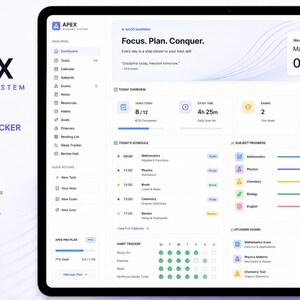 Pode incluir: Uma interface de painel para estudantes chamada Apex Student System, exibida em uma tela de tablet. O layout apresenta um menu lateral, uma agenda diária, barras de progresso de disciplinas, um rastreador de hábitos e uma lista de exames.