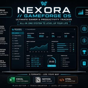 Op de afbeelding: Een digitaal dashboard-interface genaamd NEXORA GAMEFORGE OS op een laptopscherm, met modules voor productiviteitsregistratie, missievoortgang, gewoonte-logs en een focustimer, inclusief iconen voor Excel, Notion en HTML-formaten onderaan.