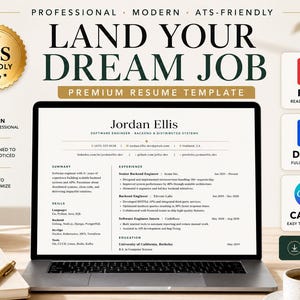 May include: A laptop screen displaying a professional resume template titled Land Your Dream Job. The document features sections for summary, experience, skills, and education for a software engineer. Icons for PDF, DOCX, and Canva formats are visible.