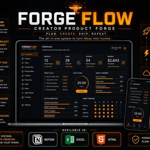 Könnte beinhalten: Eine digitale Dashboard-Oberfläche mit dem Titel Forge Flow auf einem Laptop- und Smartphone-Bildschirm. Das dunkel gestaltete Interface enthält orangefarbene Akzente, Projektverfolgung, Aufgabenverwaltung und einen Fokus-Timer.