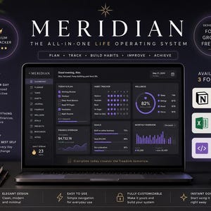 Könnte beinhalten: Ein Laptop zeigt das Meridian Life Operating System Dashboard im Dark Mode mit Bereichen für Tagespläne, Gewohnheitsverfolgung, Wellness-Metriken, Finanzübersicht und monatliche Ziele, umgeben von informativen Texten und Symbolen.