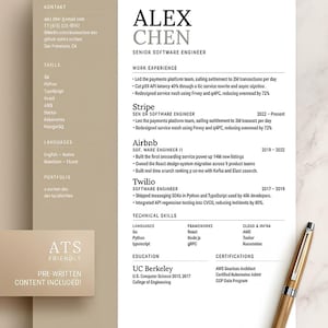 May include: A professional resume template for a senior software engineer named Alex Chen, featuring a beige sidebar with contact details, skills, and languages, alongside a white main section detailing work experience at Stripe, Airbnb, and Twilio.