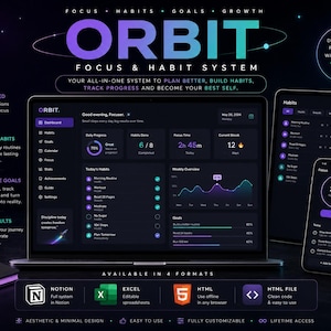 May include: A digital productivity dashboard titled ORBIT Focus & Habit System displayed on a laptop, tablet, and smartphone. The interface features dark mode with purple and teal accents, showing habit trackers, goal progress, and focus timers.