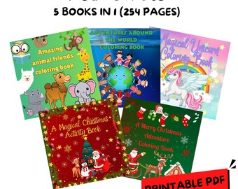 Pacote de Livros de Colorir 5 em 1 para Crianças: Animais do Alfabeto, Geografia Mundial, Natal e Atividades Mágicas (Download Digital)
