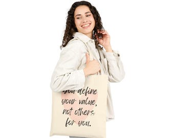 Bolsa de lona "Você Define Seu Valor", Bolsa de ombro de algodão com estética inspiradora, Presente para ela sobre amor próprio e saúde mental, Bolsa com frase positiva