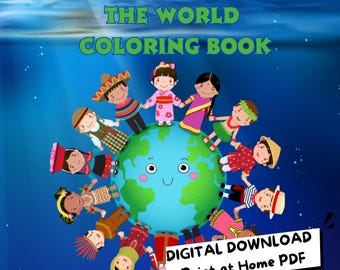 Livro de colorir de geografia mundial, páginas de atividades com países do alfabeto, bandeiras educativas para crianças (download digital)