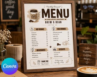 Könnte beinhalten: Eine gerahmte Café-Menüvorlage mit einem dunklen Holzrahmen. Das weiße Menü enthält braunen Text, Kaffeetassen-Illustrationen und Abschnitte für heiße Getränke, kalte Getränke, Milchshakes und Desserts mit dem Titel Freshly Brewed MENU Brew & Bean.