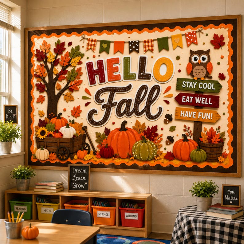 Hello Fall Bulletin Board Kit, Fall Classroom Decor, Pumpkin & Autumn Bulletin Board, Autumn Classroom Door Decor, Fall Classroom Display