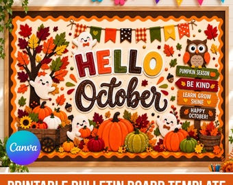 Könnte beinhalten: Eine druckbare Pinnwand-Vorlage mit dem Text HELLO OCTOBER. Das Design enthält Zeichentrick-Geister, einen Baum mit Herbstblättern, Kürbisse und ein Schild mit dem Text PUMPKIN SEASON, BE KIND, LEARN GROW SHINE und HAPPY OCTOBER.