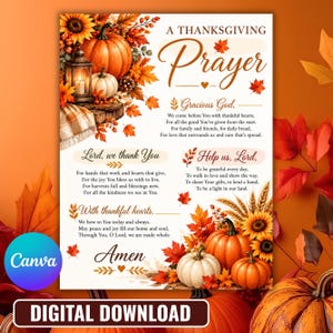 Può includere: Una stampa di preghiera del Ringraziamento con zucche arancioni e bianche, girasoli, foglie autunnali e una lanterna. Il testo recita A Thanksgiving Prayer, Gracious God, Lord we thank You, Help us Lord, With thankful hearts e Amen in corsivo.