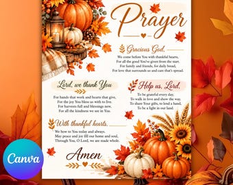 Könnte beinhalten: Ein Thanksgiving-Gebetsdruck mit orangefarbenen und weißen Kürbissen, Sonnenblumen, Herbstblättern und einer Laterne. Der Text lautet A Thanksgiving Prayer, Gracious God, Lord we thank You, Help us Lord, With thankful hearts und Amen in brauner Schrift.
