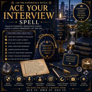 Puede incluir: Una bolsa de terciopelo azul oscuro con cordón y texto dorado, una vela de pilar con letras doradas, un reloj de arena, un cuaderno negro con un bolígrafo dorado y una lista en papel pergamino. El texto incluye ACE YOUR INTERVIEW SPELL y varias frases motivadoras en fuente dorada sobre un fondo oscuro.