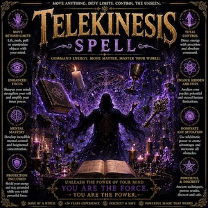 Pode incluir: Um cartaz intitulado Telekinesis Spell apresentando uma figura encapuzada cercada por objetos flutuantes como um livro, vela, cálice e chave. A cena é iluminada por energia roxa e texto sobre habilidades psíquicas e domínio mental.