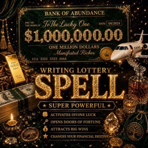 Könnte beinhalten: Ein dekorativer Grafikdruck mit dem Titel Bank of Abundance, der einen Scheck über eine Million Dollar, Goldbarren, einen Privatjet und Geldbündel zeigt. Der Text lautet Writing Lottery Spell Super Powerful, Activates Divine Luck, Opens Doors of Fortune, Attracts Big Wins und Changes Your Financial Destiny.