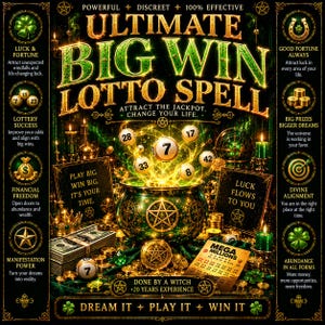 Może przedstawiać: Cyfrowa grafika zatytułowana ULTIMATE BIG WIN LOTTO SPELL przedstawiająca zielony kociołek emitujący złote światło oraz kule loteryjne z numerami 7, 17, 28, 33, 42, 6. Zawiera pliki banknotów, kupon Mega Millions oraz tekst o szczęściu i fortunie.