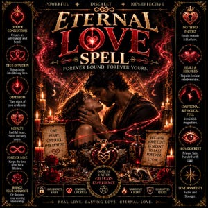 May include: A dark-themed graphic poster titled ETERNAL LOVE SPELL featuring a couple in an intimate embrace surrounded by red candles, glowing magical symbols, and text detailing love rituals, soul bonds, and emotional connection benefits.