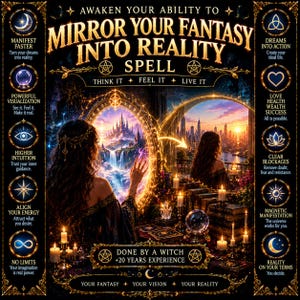 Pode incluir: Um gráfico digital com o texto AWAKEN YOUR ABILITY TO MIRROR YOUR FANTASY INTO REALITY SPELL. Mostra uma pessoa diante de um espelho circular brilhante com um castelo, um horizonte urbano, velas e ícones com texto nas laterais.