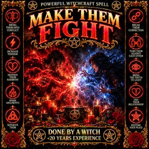 May include: A digital graphic titled MAKE THEM FIGHT featuring two figures casting red and blue energy over a cauldron. The border contains ten circular icons with text describing witchcraft spells, surrounded by ornate gold frames and red roses.
