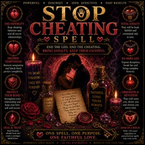 May include: A dark-themed graphic featuring the text STOP CHEATING SPELL, surrounded by candles, glass bottles, a parchment note, and red roses. The image includes various icons like hearts, locks, and keys, with text detailing loyalty and love.