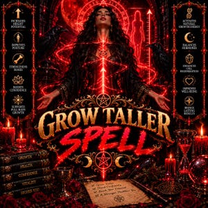 May include: A dark fantasy graphic featuring the text GROW TALLER SPELL, a central figure with long hair, two ravens, and red glowing energy. The image includes lists of benefits, a stack of books labelled Growth, Health, Confidence, Vitality, Higher You, and an hourglass.