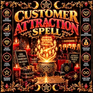 Può includere: Un grafico digitale intitolato Customer Attraction Spell che presenta un calderone dorato centrale che emette luce e icone a forma umana. L'immagine include testo, candele rosse e icone circolari con simboli ed etichette come More Customers.