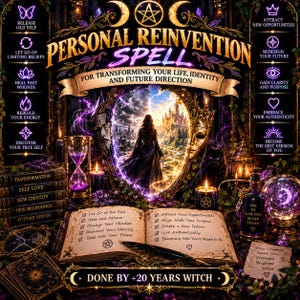 May include: A digital graphic titled Personal Reinvention Spell featuring a central mirror showing a figure walking toward a castle. The image includes an open book with a checklist, a purple hourglass, a black cat, candles, and text icons.