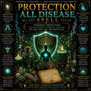 Puede incluir: Un gráfico digital titulado PROTECTION ALL DISEASE SPELL que muestra una silueta central ante un escudo brillante, rodeada de velas verdes, frascos etiquetados como HEALTH PROTECTION ELIXIR y DIVINE SHIELD OIL, y un pergamino.