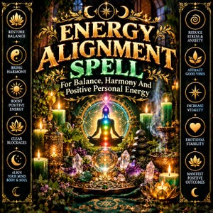 Puede incluir: Un póster titulado ENERGY ALIGNMENT SPELL For Balance, Harmony And Positive Personal Energy. Presenta la silueta central de una persona meditando con chakras brillantes, rodeada de velas verdes, cristales e iconos dorados.