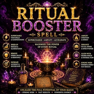 May include: A digital graphic titled RITUAL BOOSTER SPELL featuring a central cauldron emitting purple smoke and golden light. The image includes text, candles, a book, and crystals, with icons and labels describing energy, power, and manifestation.
