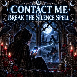 May include: A digital illustration featuring the text CONTACT ME BREAK THE SILENCE SPELL. A hooded figure in a dark cloak holds a glowing smartphone. The scene includes two black ravens, red candles, red roses, and a gothic castle window.