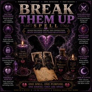 Könnte beinhalten: Eine dunkelviolette Grafik mit dem Text BREAK THEM UP SPELL. Das Bild enthält zwei schwarze Puppen, eine Glasflasche mit der Aufschrift SEPARATION ELIXIR, zwei schwarze Kerzen mit Text, ein zerrissenes Foto sowie verschiedene mystische Symbole.
