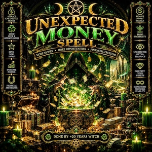 May include: A digital illustration titled UNEXPECTED MONEY SPELL featuring a hooded figure casting magic over a cauldron filled with glowing coins and floating dollar bills. A black cat sits nearby amidst stacks of cash, green candles, and gold symbols.