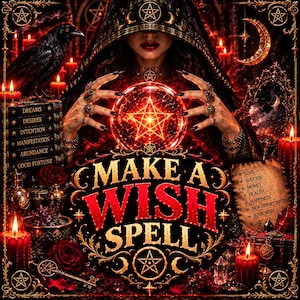 Könnte beinhalten: Eine düstere Illustration mit einer Kapuzenfigur mit langen dunklen Fingernägeln, die eine leuchtende Kristallkugel mit einem Stern hält. Der Text lautet MAKE A WISH SPELL. Zu sehen sind ein schwarzer Rabe, Bücherstapel, rote Kerzen, Rosen und eine Liste mit Wünschen wie Liebe, Erfolg, Geld, Gesundheit, Glück, neue Möglichkeiten und Ihr Wunsch.