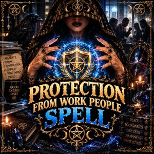 Könnte beinhalten: Eine digitale Illustration mit einer Kapuzenfigur, deren Hände über einem leuchtend blauen Pentagramm-Schild erhoben sind. Der Text lautet PROTECTION FROM WORK PEOPLE SPELL, ergänzt durch Listen negativer Eigenschaften und positiver Absichten.