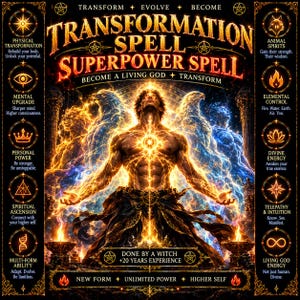 May include: A digital graphic featuring a central figure radiating golden light, surrounded by ethereal animal spirits. The text reads Transformation Spell, Superpower Spell, Become a Living God, and Done by a Witch +20 Years Experience, with icons for spiritual concepts.