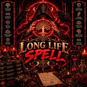 Peut inclure: Un graphique mystique sombre montrant une silhouette encapuchonnée tenant un arbre de vie lumineux, flanquée de deux corbeaux. Le texte indique LONG LIFE SPELL, entouré d'icônes et d'étiquettes comme HEALTH, VITALITY et une liste de contrôle.